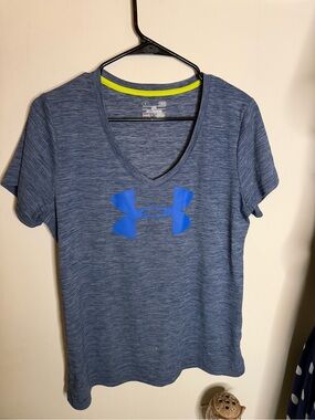 LG Women's Heathered Blue V-Neck Logo Tee with Neon Trim